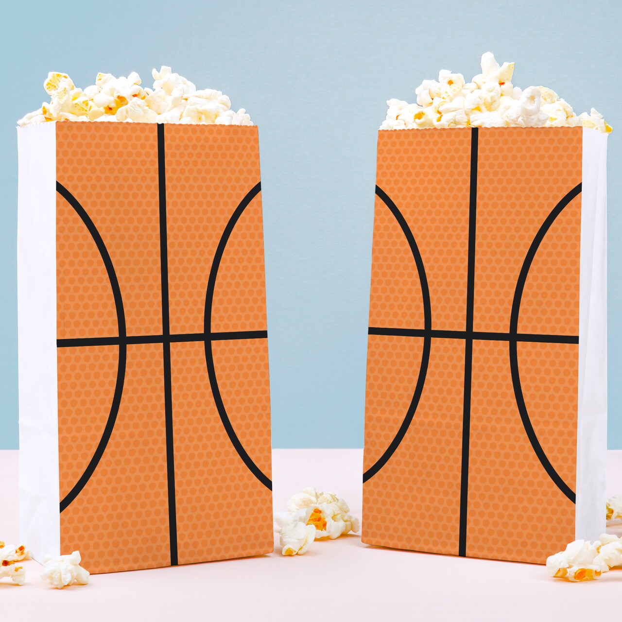 Big Dot of Happiness Basketball Popcorn Bags, Kids Sports Birthday Party Favor Snack Treats, Free-Standing Individual White Paper Bags - 25 Count